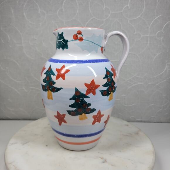 Pier 1 Italian Ceramic Pitcher Hand Painted Christmas Trees Floral Stars - Picture 14 of 15